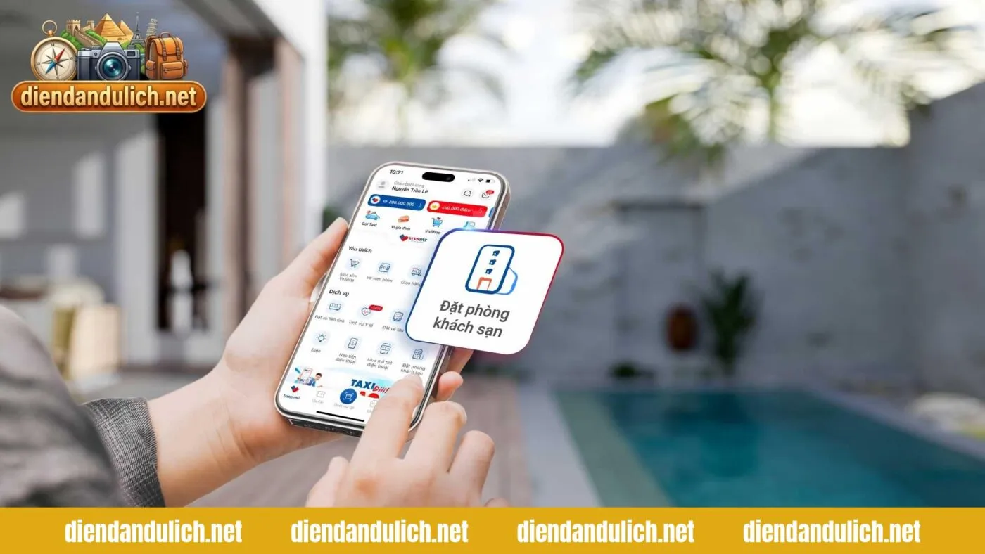 Giao diện ứng dụng đặt phòng trực tuyến trên điện thoại thông minh, giúp người dùng thực hiện các bước đặt phòng một cách đơn giản và nhanh chóng