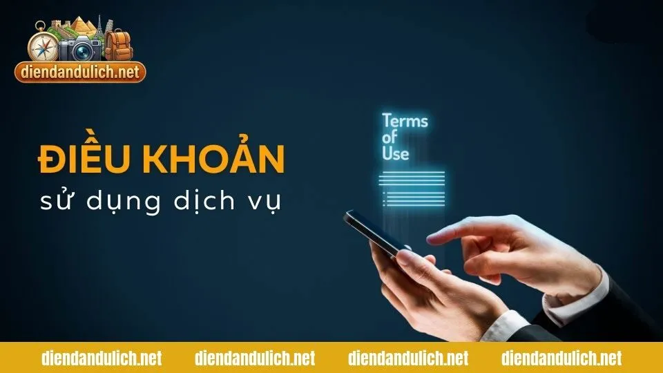 Đồ họa chi tiết về các mục quy định trong điều khoản sử dụng kết hợp với các biểu tượng pháp lý và cam kết dịch vụ
