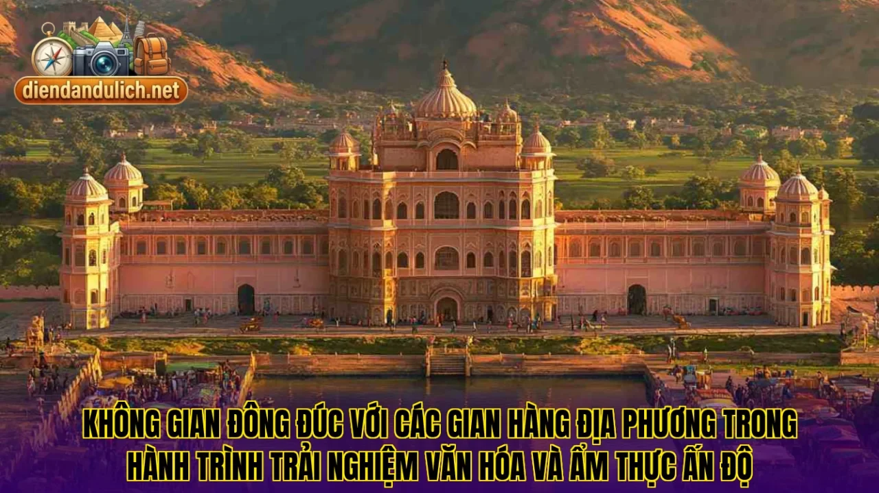 Không gian đông đúc với các gian hàng địa phương trong hành trình trải nghiệm văn hóa và ẩm thực Ấn Độ